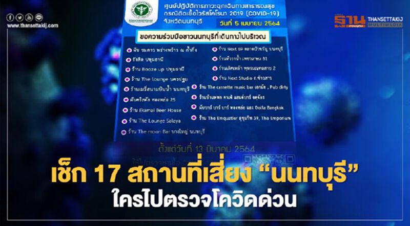 เช็ก! 17 สถานที่เสี่ยง "นนทบุรี" แจ้งใครไปตรวจโควิด-19 ด่วน เช็ก! 17 สถานที่เสี่ยง "นนทบุรี" แจ้งใครไปตรวจโควิด-19 ด่วน