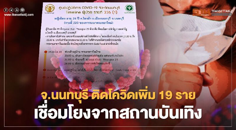 จังหวัดนนทบุรี ติดโควิด-19 เพิ่ม 19 ราย พบเชื่อมโยงสถานบันเทิง