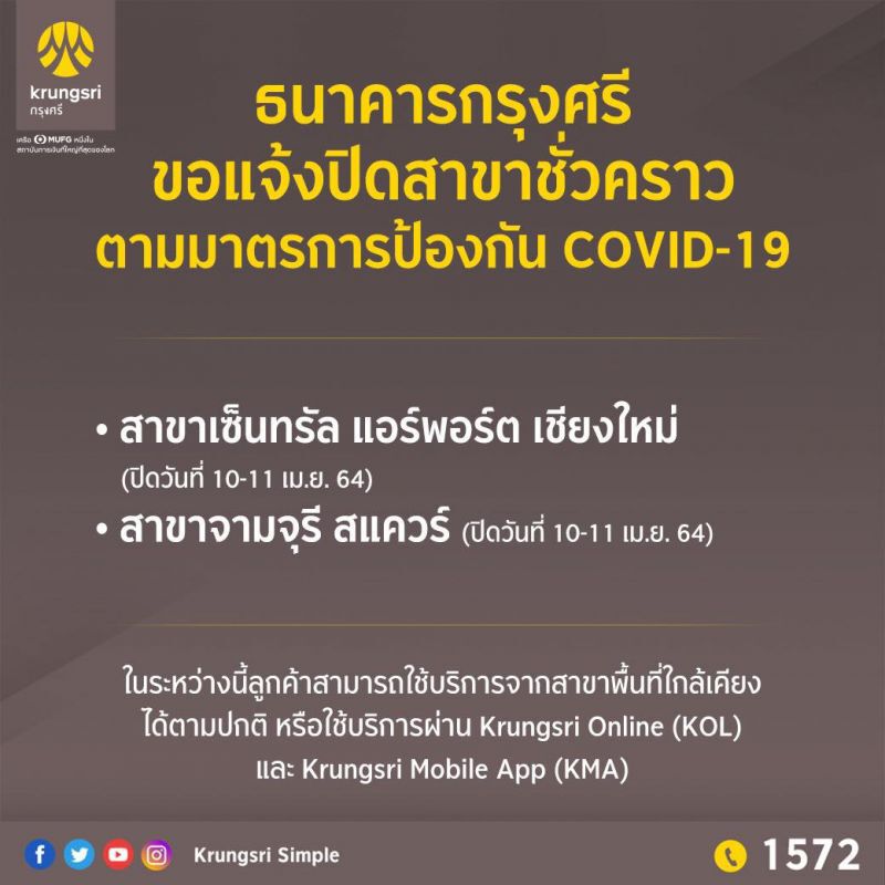 แบงก์กรุงศรี แจ้งปิด 2 สาขาชั่วคราว