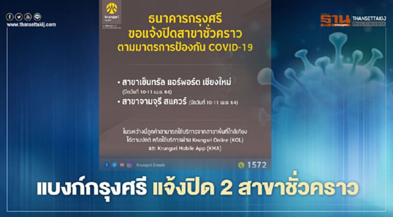 แบงก์กรุงศรี แจ้งปิด 2 สาขาชั่วคราว แบงก์กรุงศรี แจ้งปิด 2 สาขาชั่วคราว