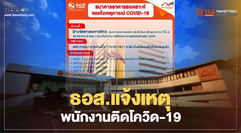 ธอส.แจ้งเหตุพนักงานในสำนักงานใหญ่ 1 ราย ติดเชื้อ COVID-19