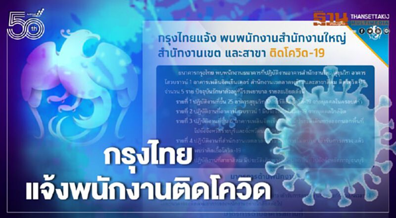 ธนาคารกรุงไทย แจ้งพนักงานสำนักงานใหญ่ สำนักงานเขต และสาขา ติดโควิด 19 จำนวน 5 ราย ธนาคารกรุงไทย แจ้งพนักงานสำนักงานใหญ่ สำนักงานเขต และสาขา ติดโควิด 19 จำนวน 5 ราย