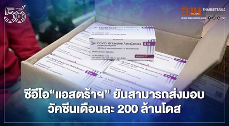 ซีอีโอ “แอสตร้าฯ” ยันตั้งแต่ เม.ย.นี้ สามารถผลิตวัคซีนส่งมอบได้ 200 ล้านโดส/เดือน ซีอีโอ “แอสตร้าฯ” ยันตั้งแต่ เม.ย.นี้ สามารถผลิตวัคซีนส่งมอบได้ 200 ล้านโดส/เดือน