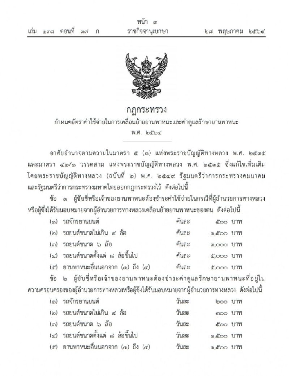 มีผลแล้ว! อัตราค่าเคลื่อนย้าย- ดูแลรักษารถจอดริมทาง สูงสุดคันละ 5,000 บาท