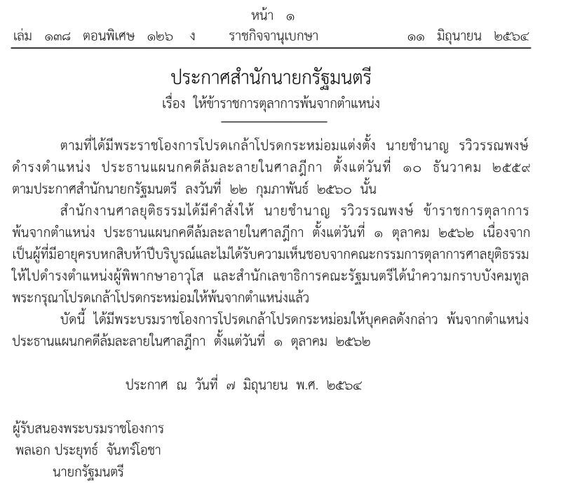 โปรดเกล้าฯให้ “ชํานาญ รวิวรรณพงษ์”พ้นตำแหน่งประธานแผนกคดีล้มละลาย
