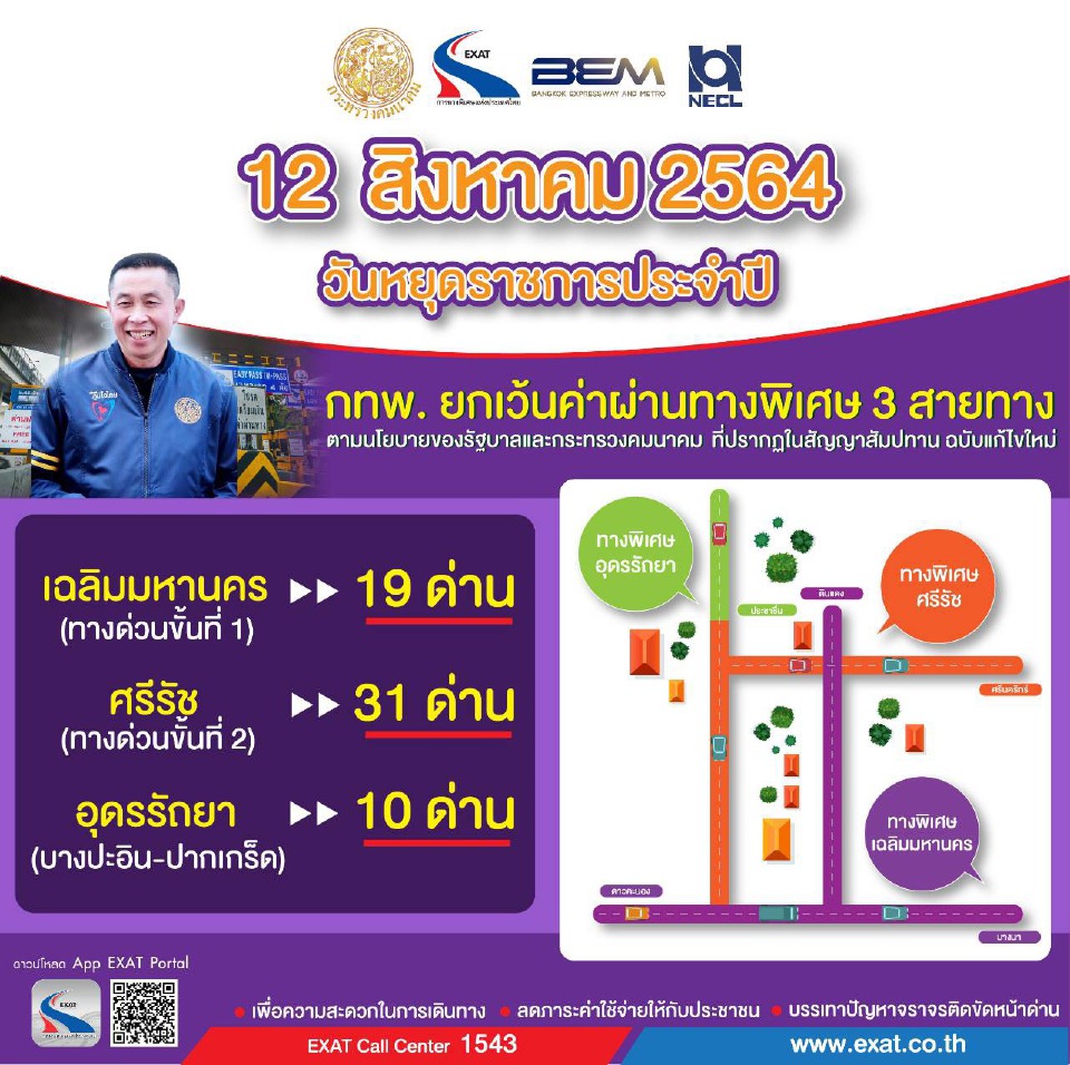 วันแม่ 12 ส.ค. ขึ้นทางด่วนฟรี กทพ. ยกเว้นค่าผ่านทางพิเศษ 3 สายทาง