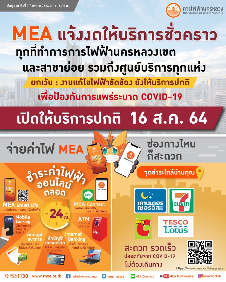 MEA แจ้งขยายเวลางดให้บริการชั่วคราวทุกที่ทำการ ตามนโยบาย ศบค. เพื่อป้องกันการแพร่ระบาด COVID-19
