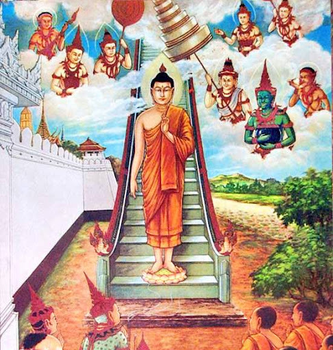 ภาพพุทธประวัติ พระพุทธเจ้าเสด็จลงจากดาวดึงส์ 
