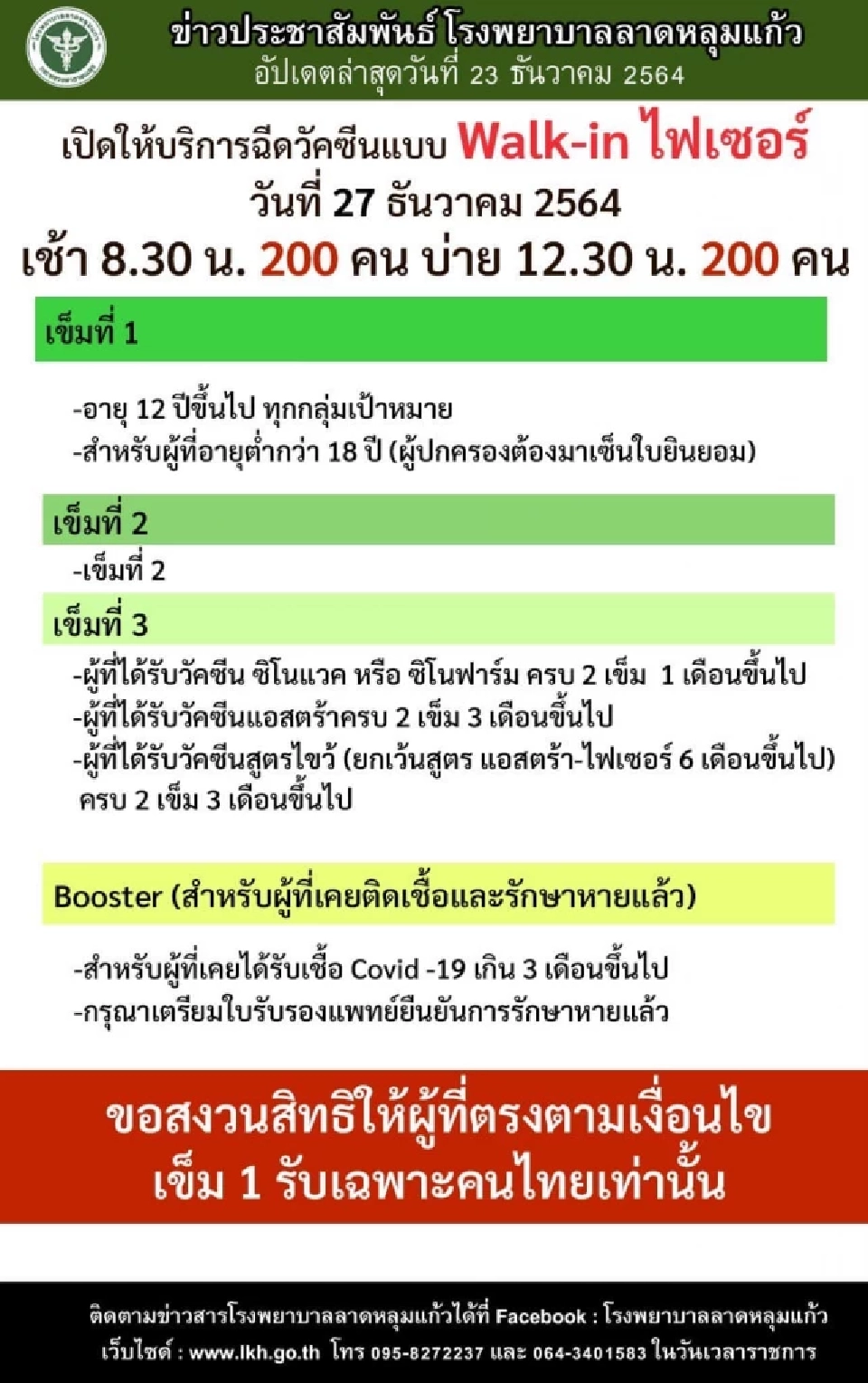 วอล์คอินฉีดไฟเซอร์ เข็ม1, เข็ม3 รพ.ลาดหลุมแก้ว รับ 400 คนวันเดียว เช็คที่นี่