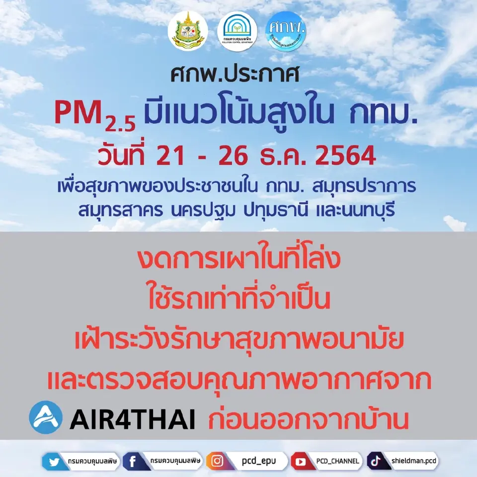 เช็คค่าฝุ่น PM2.5 มีแนวโน้มสูงใน กทม.และปริมณฑล 21-26 ธ.ค.64