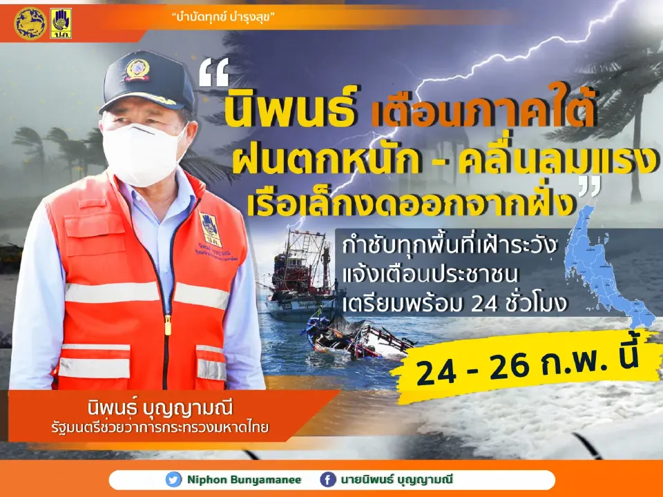 “นิพนธ์”เตือนเฝ้าระวังฝนตกหนักและคลื่นลมแรงบริเวณภาคใต้