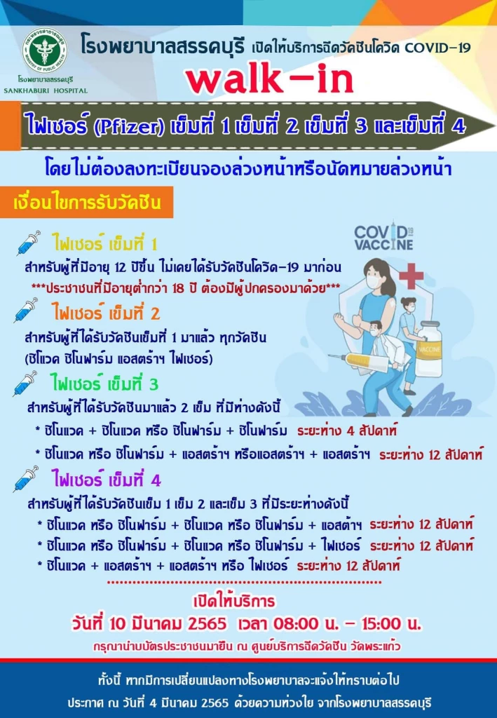 รพ.สรรคบุรี เปิดวอล์คอินฉีดไฟเซอร์ เข็ม 1-4 