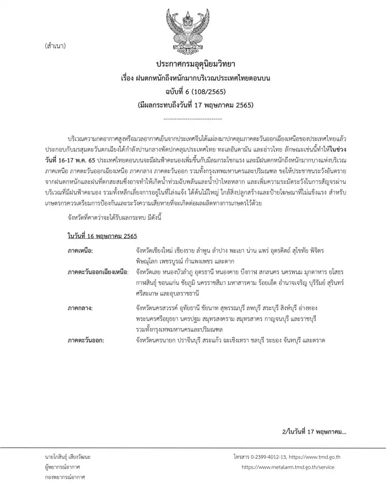 กรมอุตุนิยมวิทยา ประกาศฉบับ 6 เตือน ไทยตอนบน "ฝนตกหนัก-หนักมาก" หลายพื้นที่
