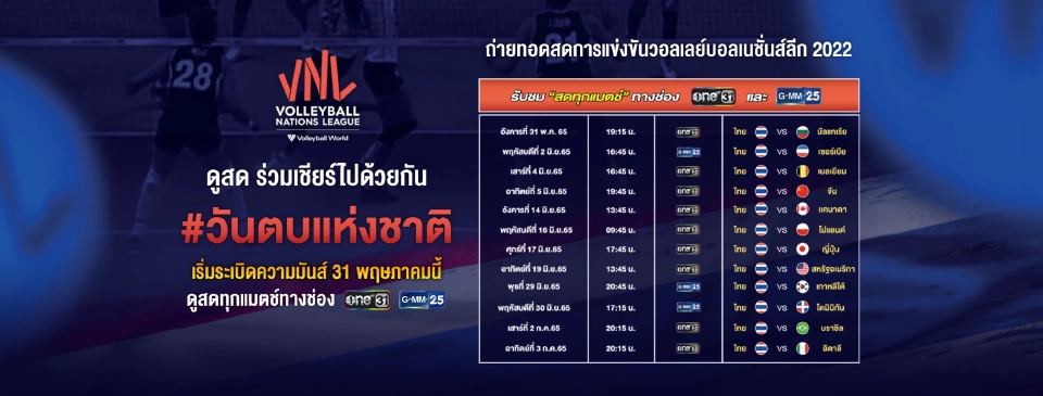 โปรแกรมการถ่ายทอดสดวอลเลย์บอลหญิงเนชั่นส์ลีก ทีมชาติไทย พบ จีน 