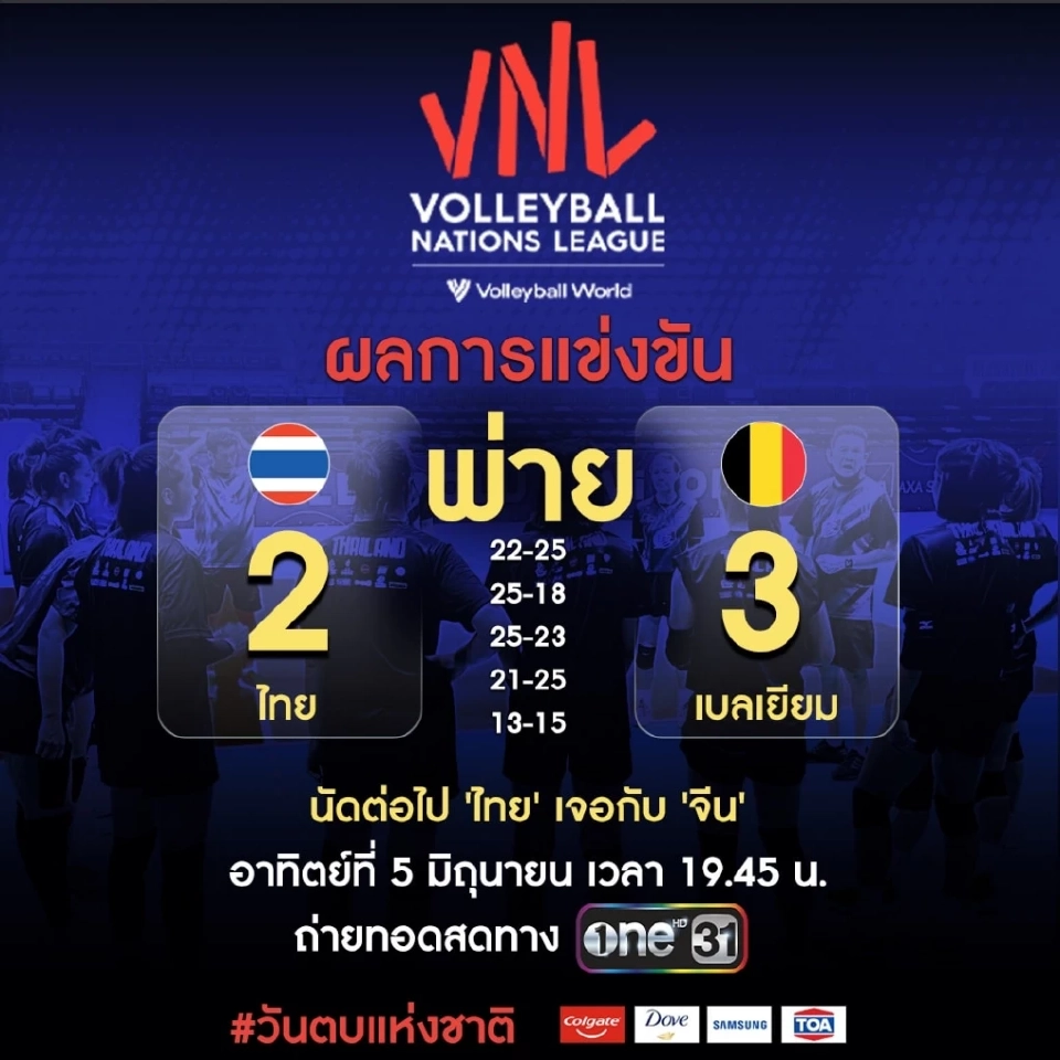 ผลวอลเลย์บอลหญิงเนชั่นส์ลีก ไทย แพ้ เบลเยียม