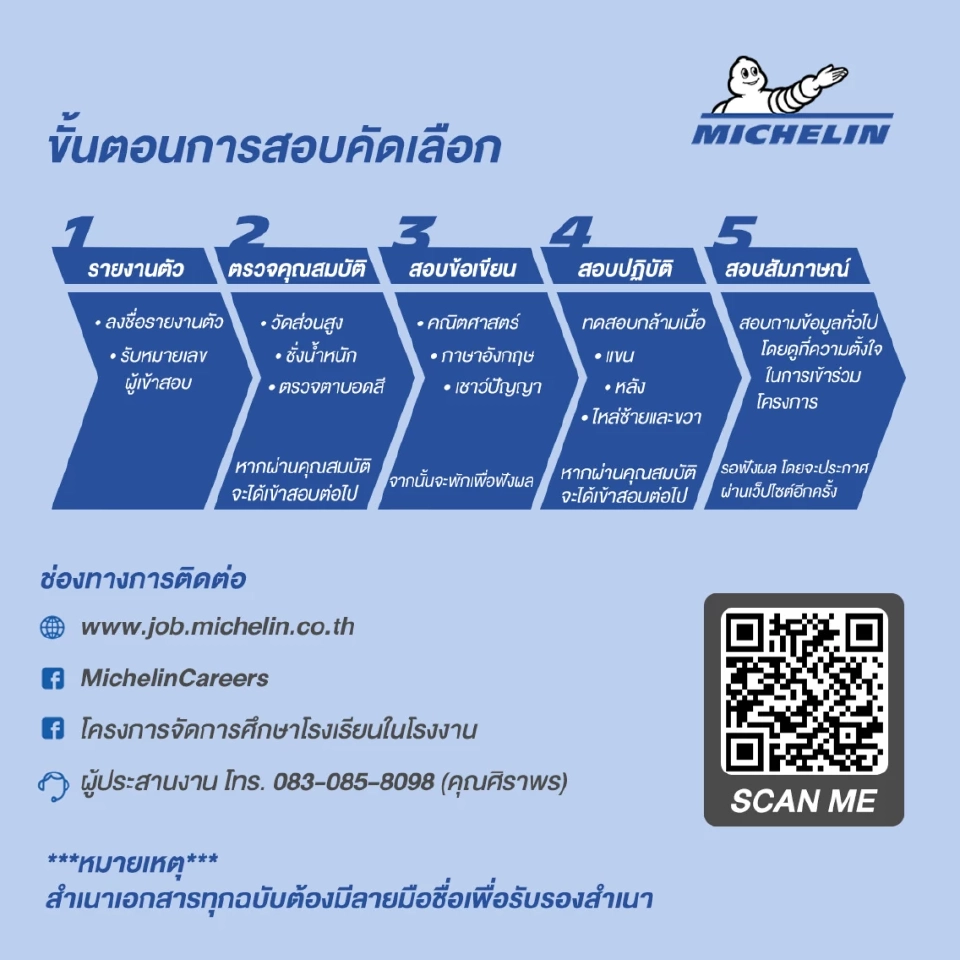 ขั้นตอนการสอบคัดเลือก“โรงเรียนในโรงงาน” Michelin Talent – HVS Program"