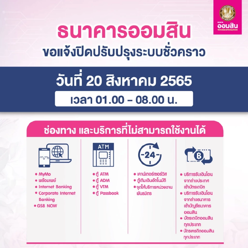 ธนาคารออมสิน แจ้งปิดปรับปรุงระบบชั่วคราว