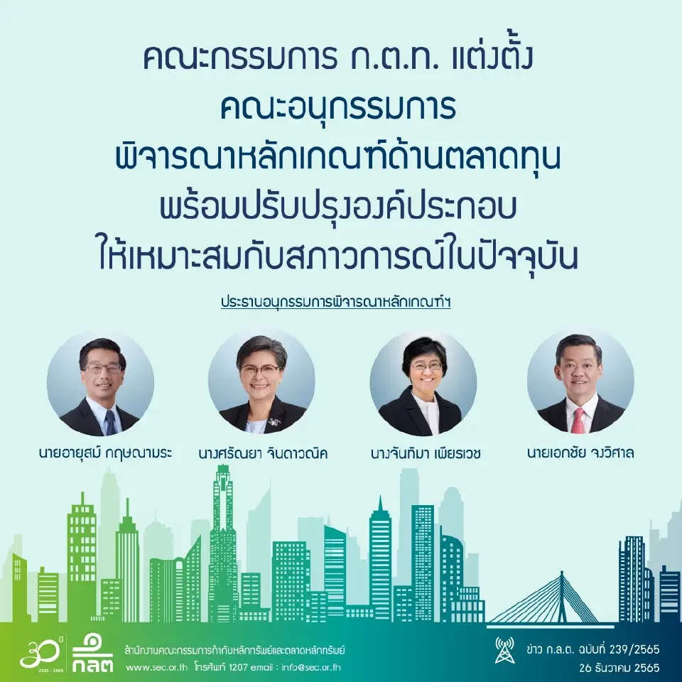 ก.ต.ท. แต่งตั้งคณะอนุกรรมการพิจารณาหลักเกณฑ์ด้านตลาดทุน