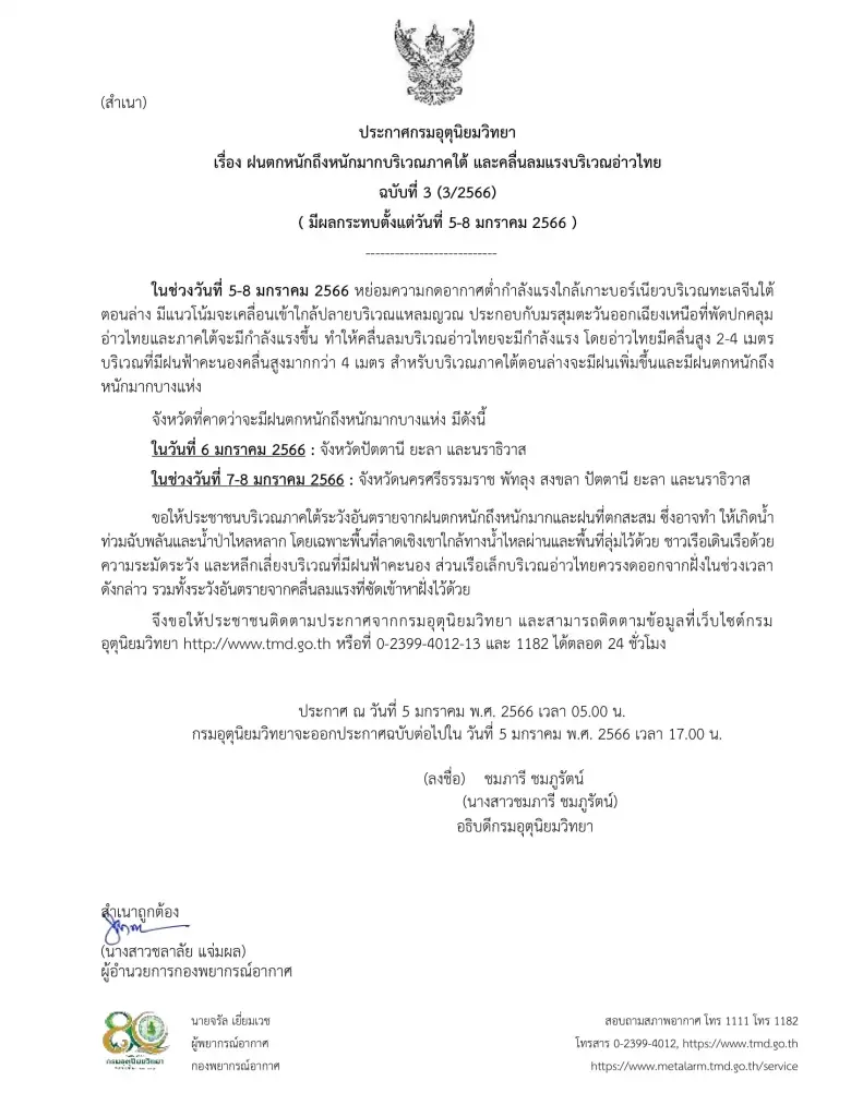 ประกาศกรมอุตุฯฉบับ 3 ภาคใต้ฝนตกหนักถึงหนักมาก-คลื่นลมแรง