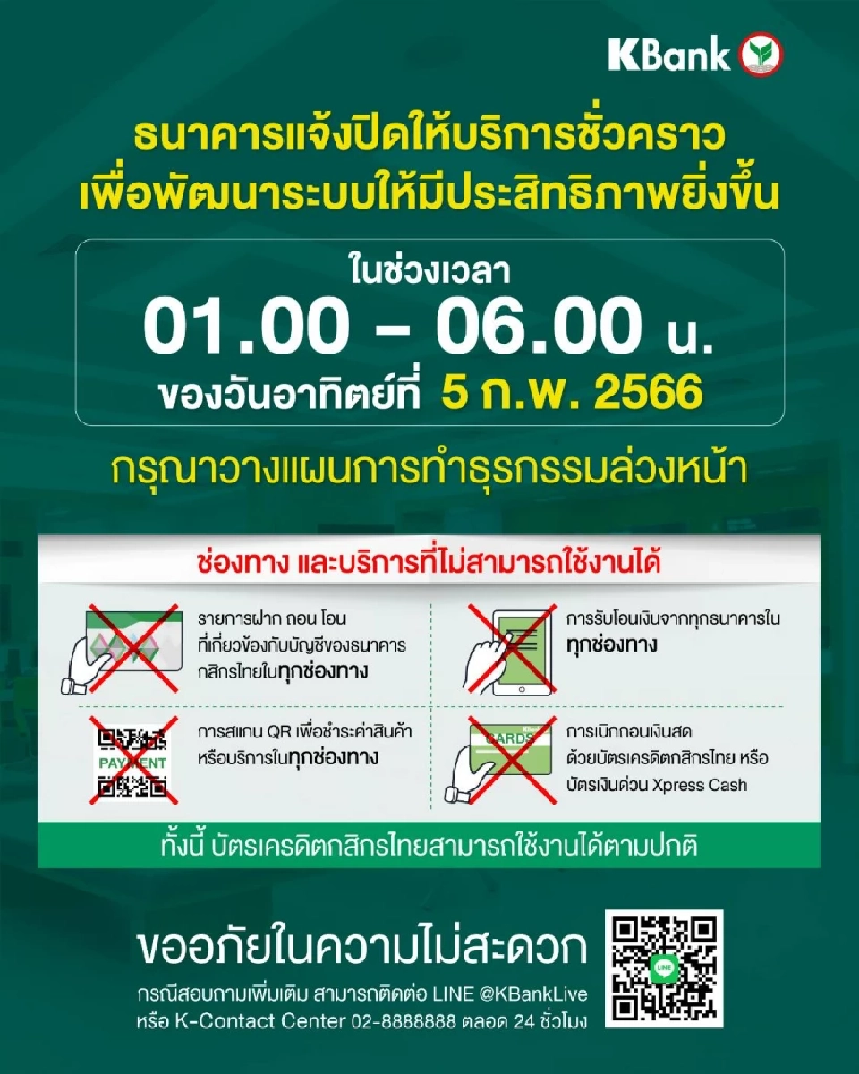 กสิกรไทยแจ้งปิดปรับปรุงระบบ ตีหนึ่ง-หกโมงเช้า 5 ก.พ.2566