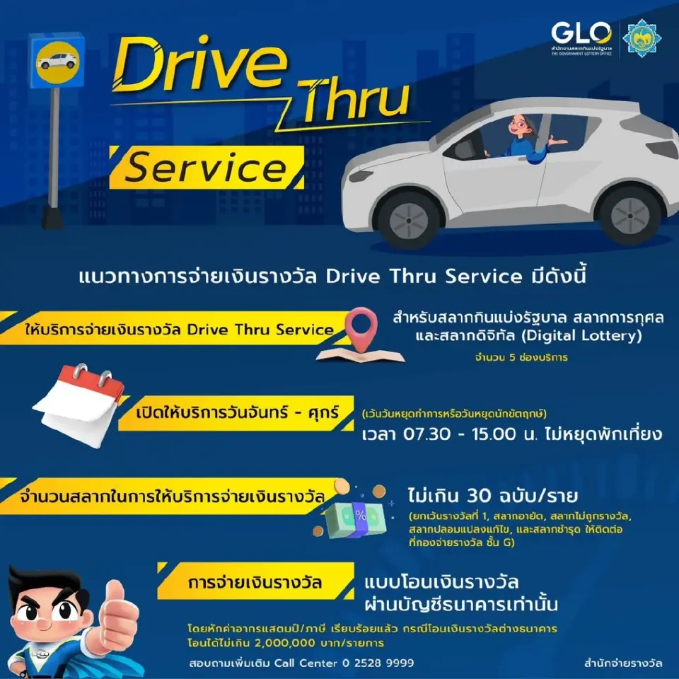 เริ่มวันนี้ ถูกลอตเตอรี่ ขึ้นเงินรางวัลแบบ Drive Thru Service เช็คเลย
