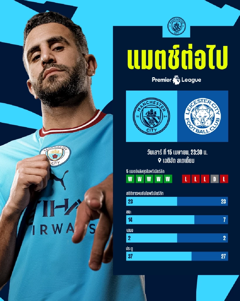 ถ่ายทอดสด แมนฯซิตี้ พบ เลสเตอร์ ซิตี้ ศึกฟุตบอลพรีเมียร์ลีก อังกฤษ 