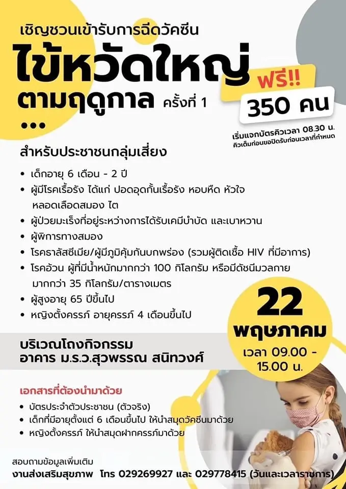 ชวนฉีดวัคซีนไข้หวัดใหญ่ฟรี 350 คน คลิกที่นี่