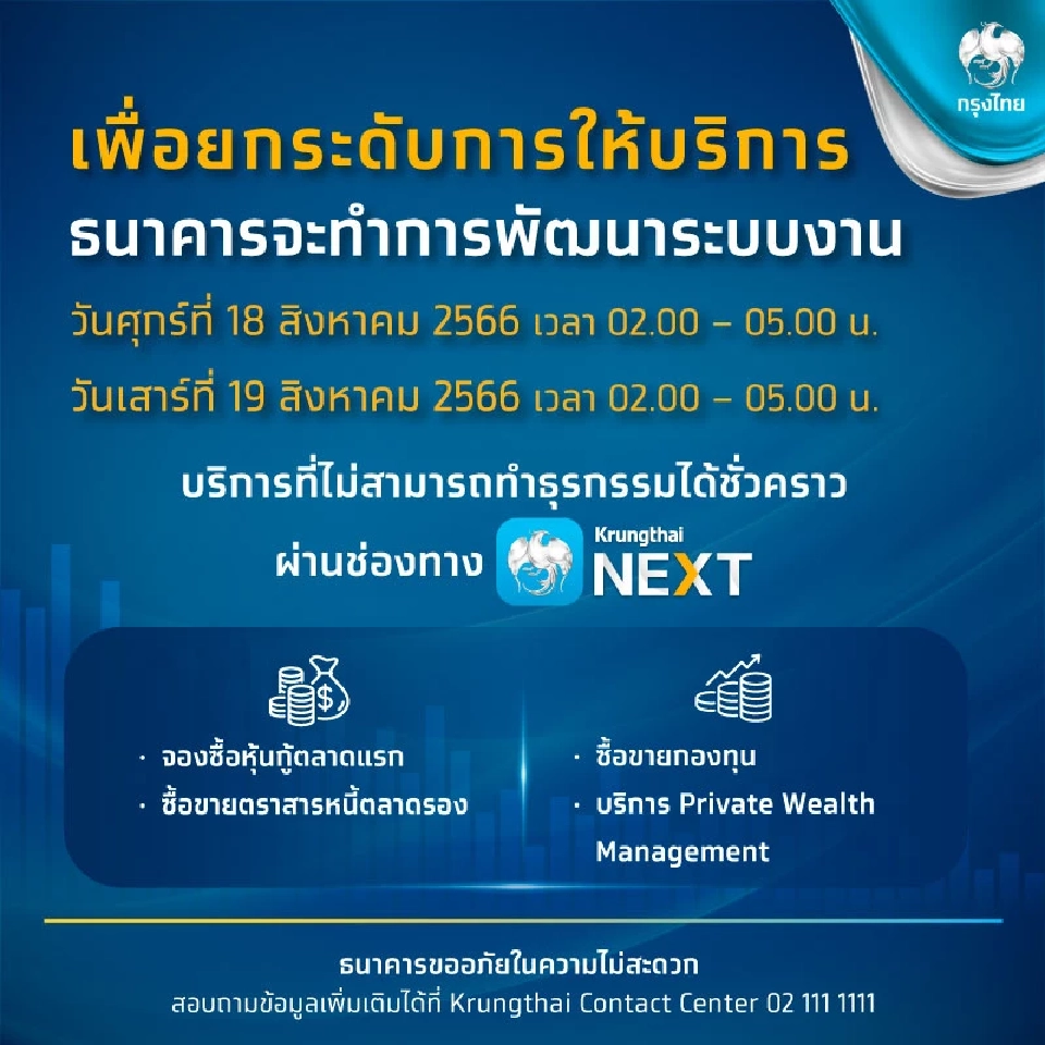ธนาคารกรุงไทย ปิดปรุงระบบ Krungthai NEXT ชั่วคราว
