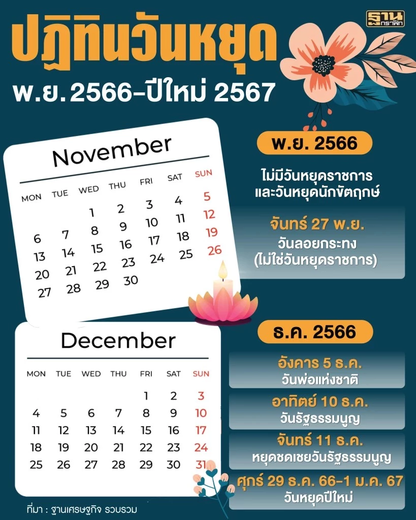 วันหยุดเดือนธันวาคม  2566