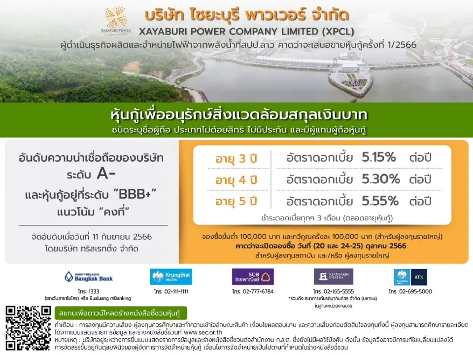  ‘‘ไซยะบุรีฯ” เตรียมเสนอขายหุ้นกู้เพื่ออนุรักษ์สิ่งแวดล้อมสกุลเงินบาท