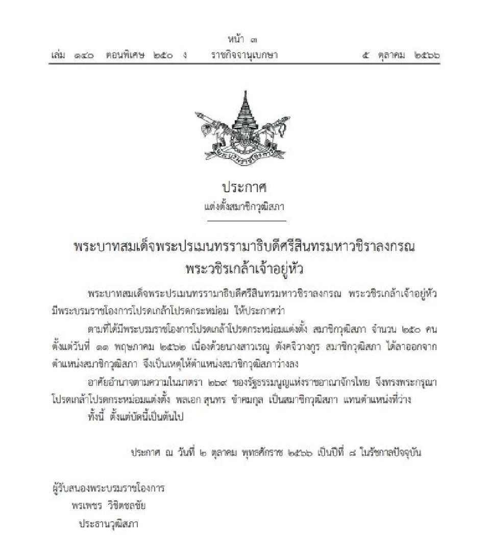 โปรดเกล้าฯ“พล.อ.สุนทร ขำคมกุล” สว.คนใหม่ รายงานตัววันนี้