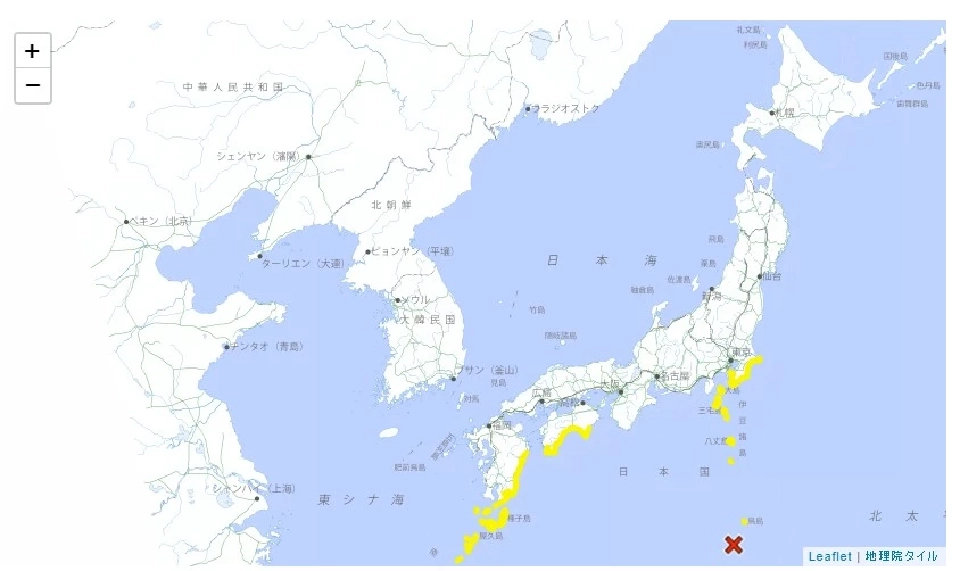 จุดสีเหลือง คือ พื้นที่เฝ้าระวังสึนามิ  เครื่องหมาย x คือ จุดศูนย์กลางแผ่นดินไหว 
