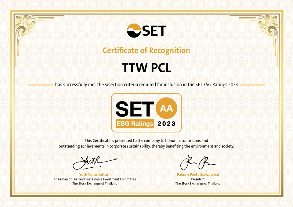 TTW ได้รับการประเมินหุ้นยั่งยืน "SET ESG Ratings" ในระดับ "AA" ประจำปี 2566
