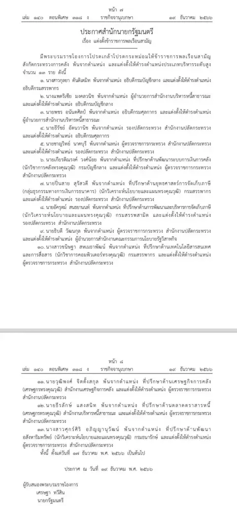 ราชกิจจาฯ ประกาศแต่งตั้งผู้บริหารระดับสูงกระทรวงการคลัง 13 ราย