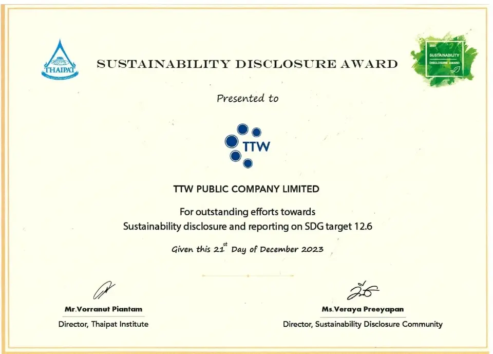 TTW คว้ารางวัล Sustainability Disclosure Award 2023 ต่อเนื่อง 5 ปีซ้อน