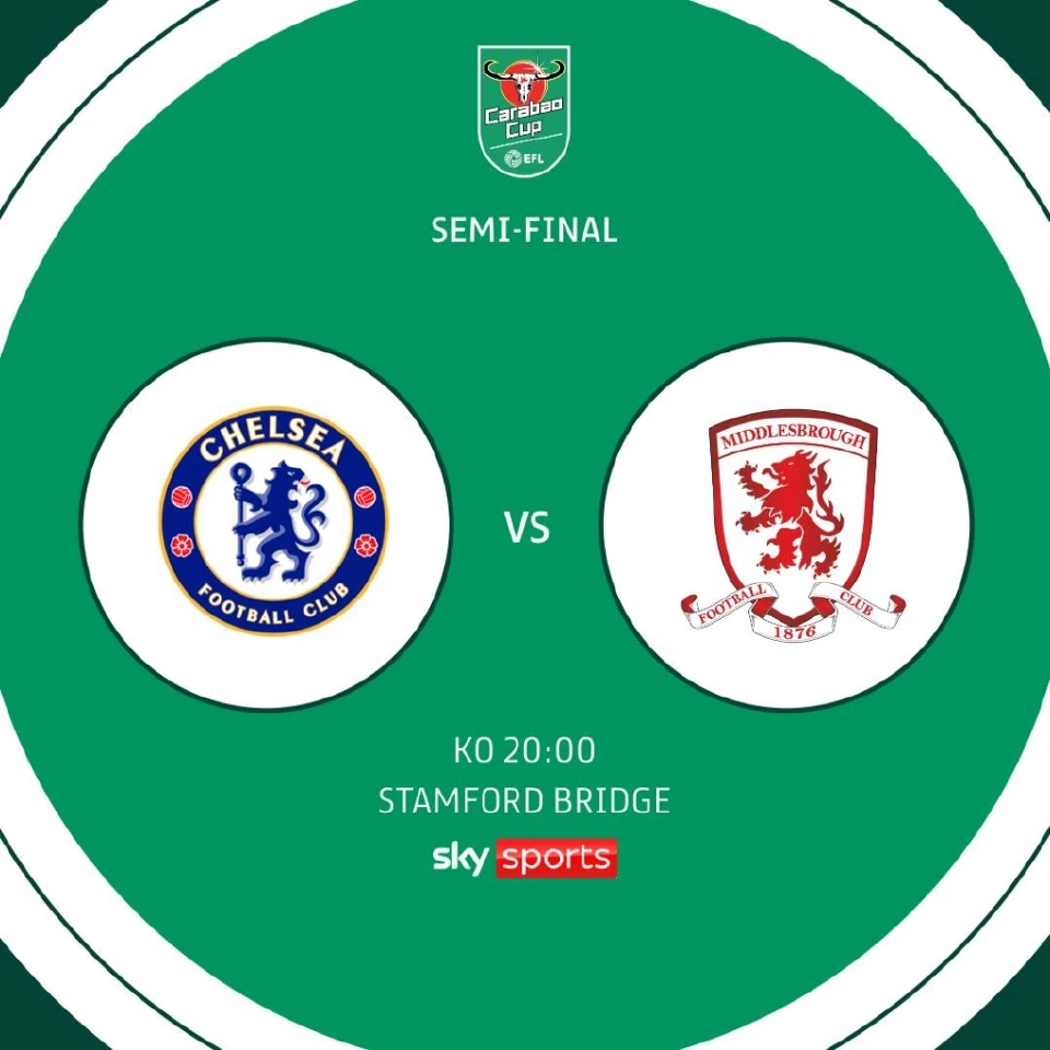 ถ่ายทอดสด เชลซี พบ มิดเดิ้ลสโบรซ์ ดูบอลสดศึกคาราบาวคัพ รอบรองฯคืนนี้