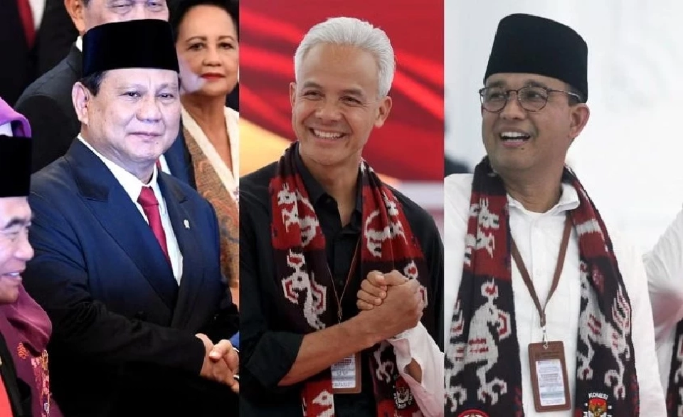 ผู้สมัครชิงตำแหน่งประธานาธิบดีทั้งสามคน (จากซ้ายไปขวา) นายปราโบโว ซูเบียนโต นายกันจาร์ ปราโนโว และนายอานีส บาสเวดาน