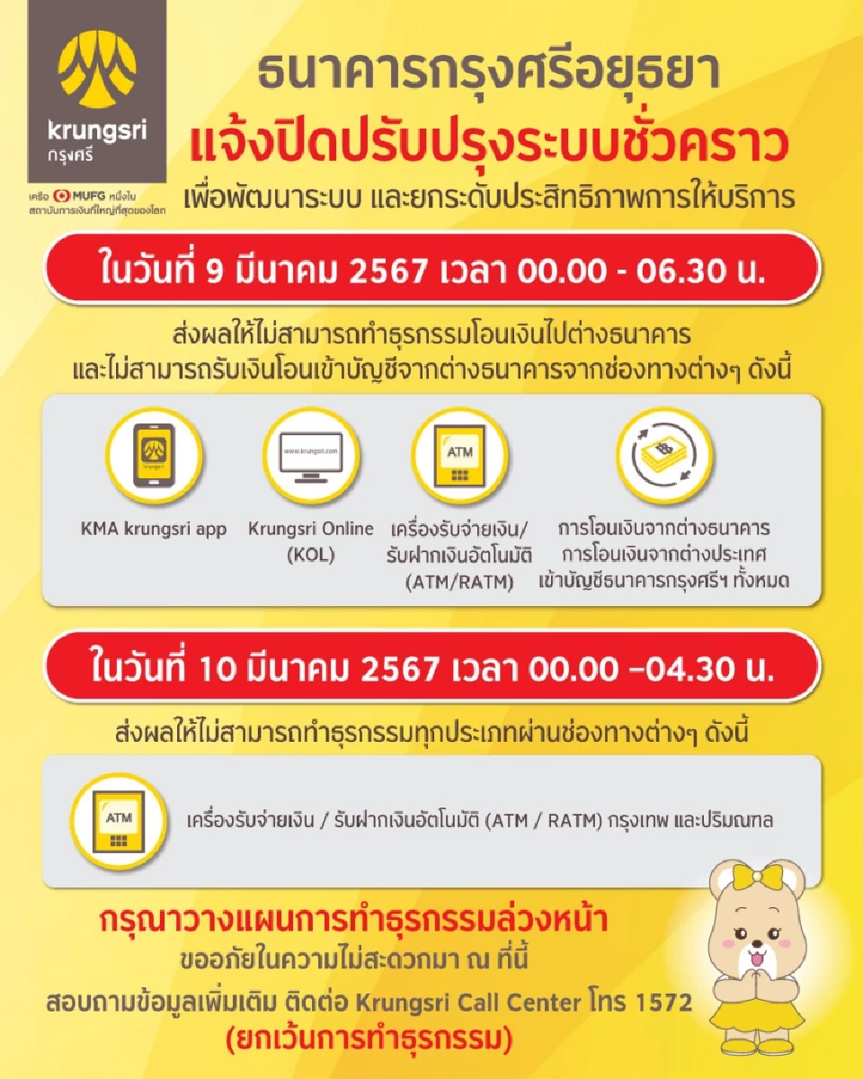 ธนาคารกรุงศรีอยุธยา ปิดปรับปรุงระบบชั่วคราว