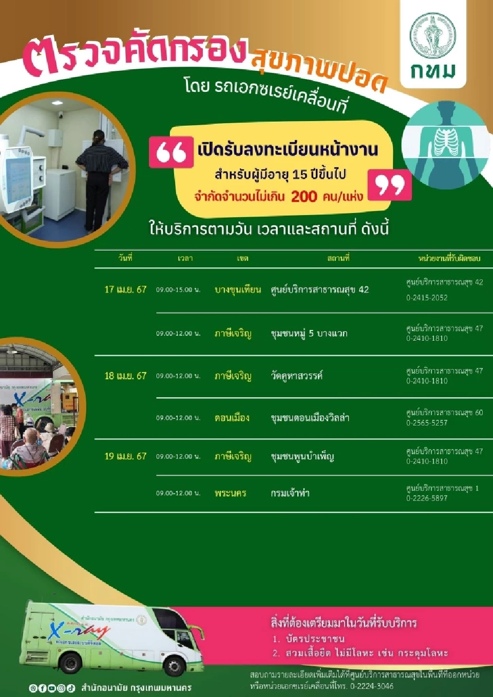 เช็คสุขภาพปอดฟรี กทม.จัดรถเอกซเรย์เคลื่อนที่ให้บริการคัดกรองปอด