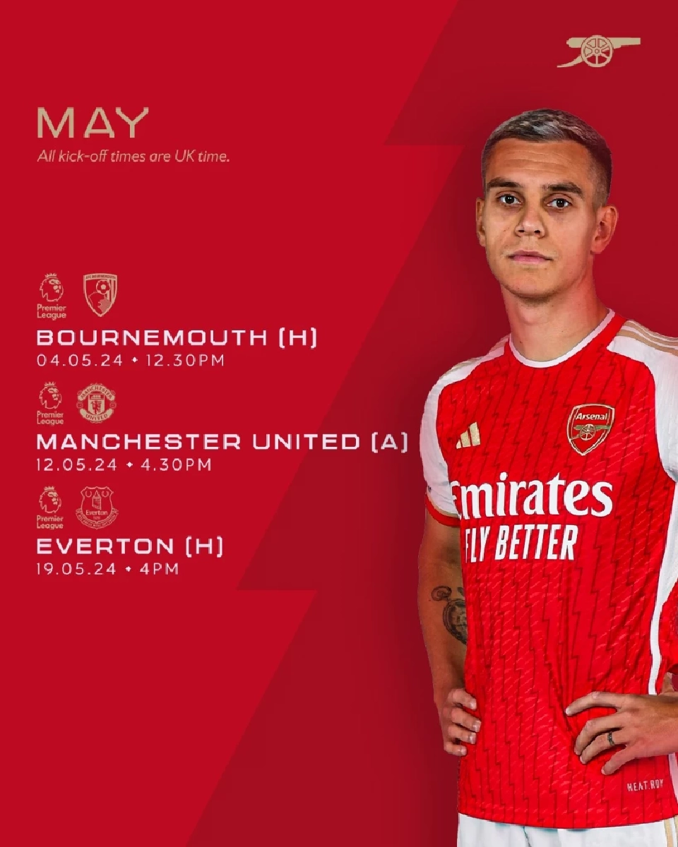 โปรแกรมพรีเมียร์ลีกที่เหลือของอาร์เซนอล