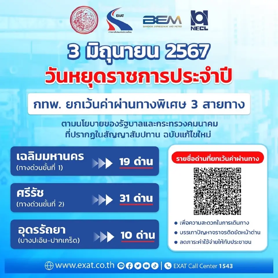 ขึ้นทางด่วนฟรี วันหยุดราชการ 3 มิ.ย. 67 