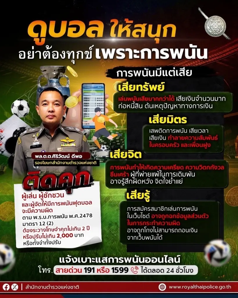 ฟุตบอลยูโร 2024 สตช.เตือนเล่นพนันเกิด 5 ผลเสีย เสียทรัพย์ เสียมิตร เสียรู้