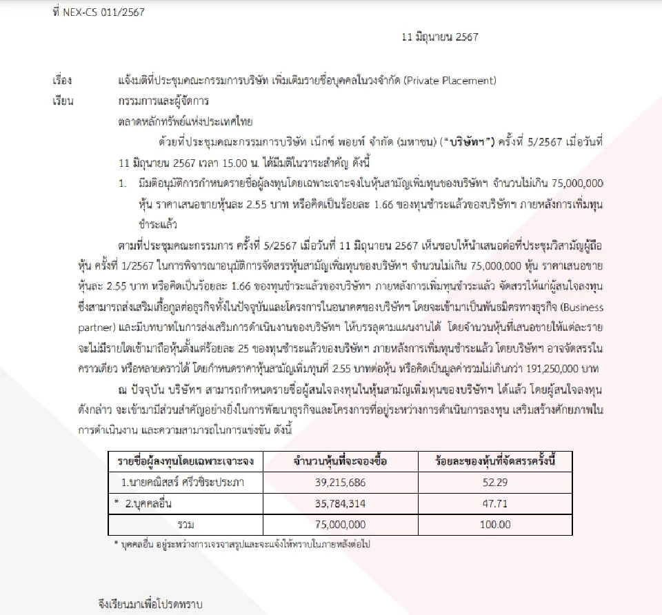 "คณิสสร์" ซีอีโอ NEX  ควัก 100 ล้าน จ่อซื้อหุ้นเพิ่มทุน PP สัดส่วน 52.29%