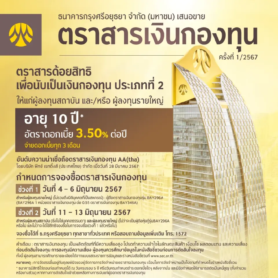 กรุงศรี ออกตราสารเงินกองทุน อายุ 10 ปี ดอกเบี้ย 3.50% เปิดจองซื้อ 4 มิ.ย.นี้