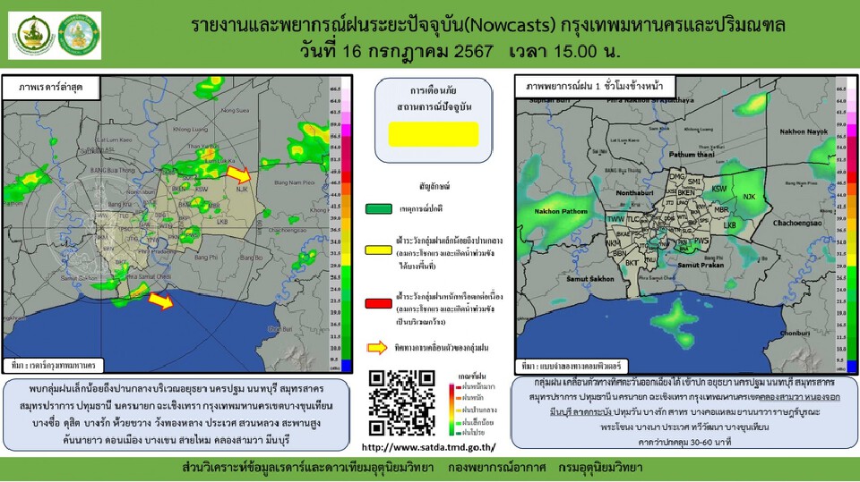 กรมอุตุนิยมวิทยา รายงานสภาพอากาศกรุงเทพมหานครและปริมณฑล เวลา 15.00 น.