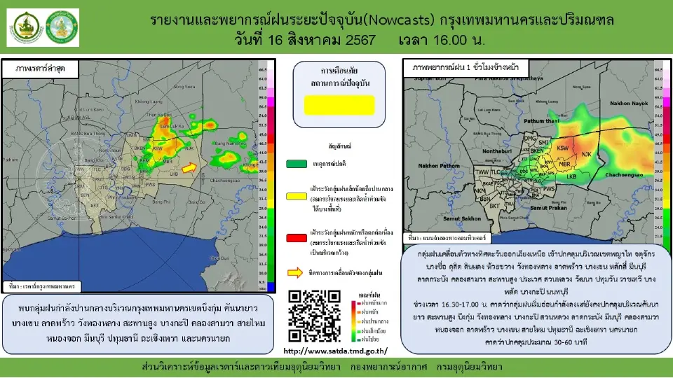กรมอุตุนิยมวิทยา พยากรณ์ฝนตกในกทม.ปริมณฑล เวลา 16.00 น.