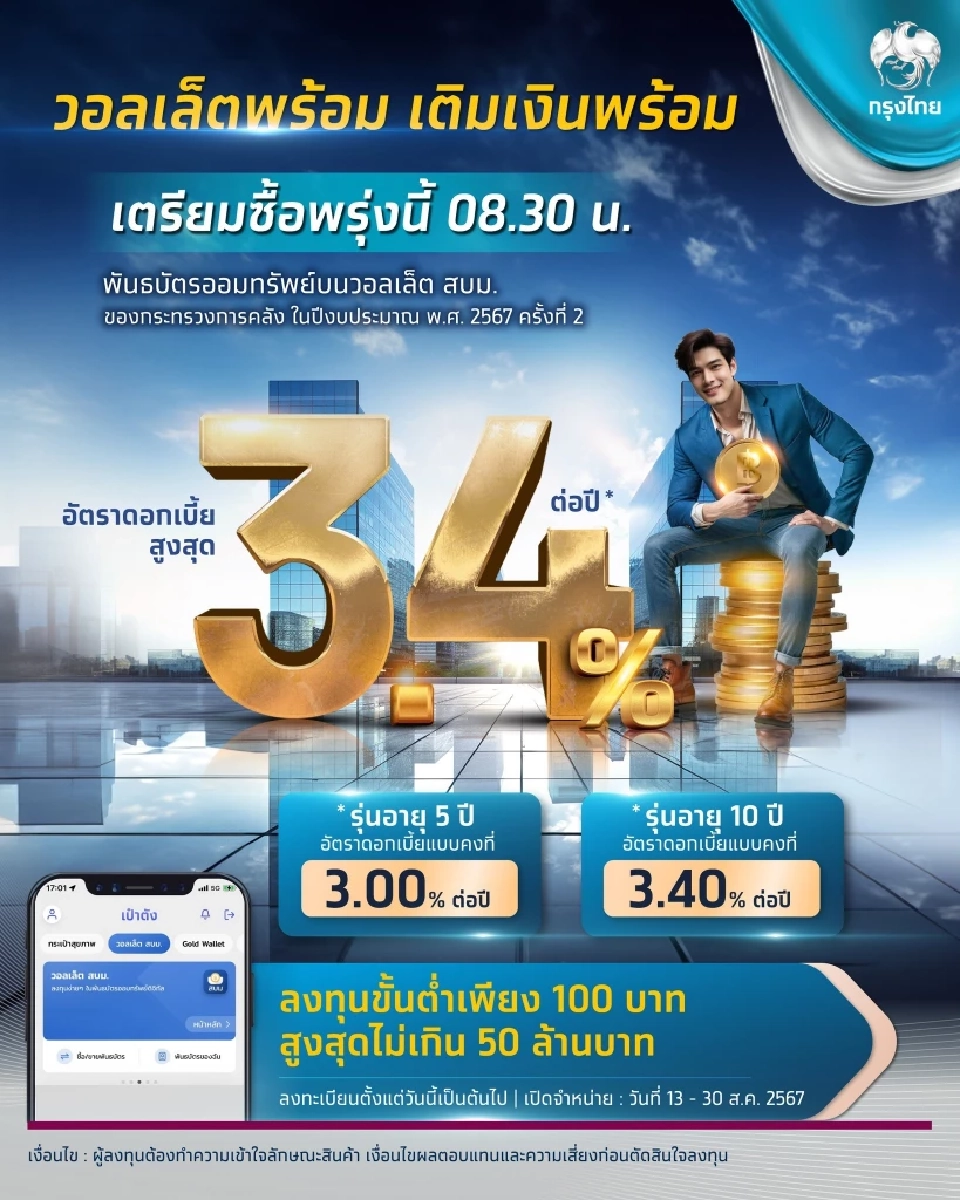  พันธบัตรออมทรัพย์บนวอลเล็ต สบม.จำหน่ายวันนี้ บนแอปเป๋าตัง เช็กเงื่อนไข