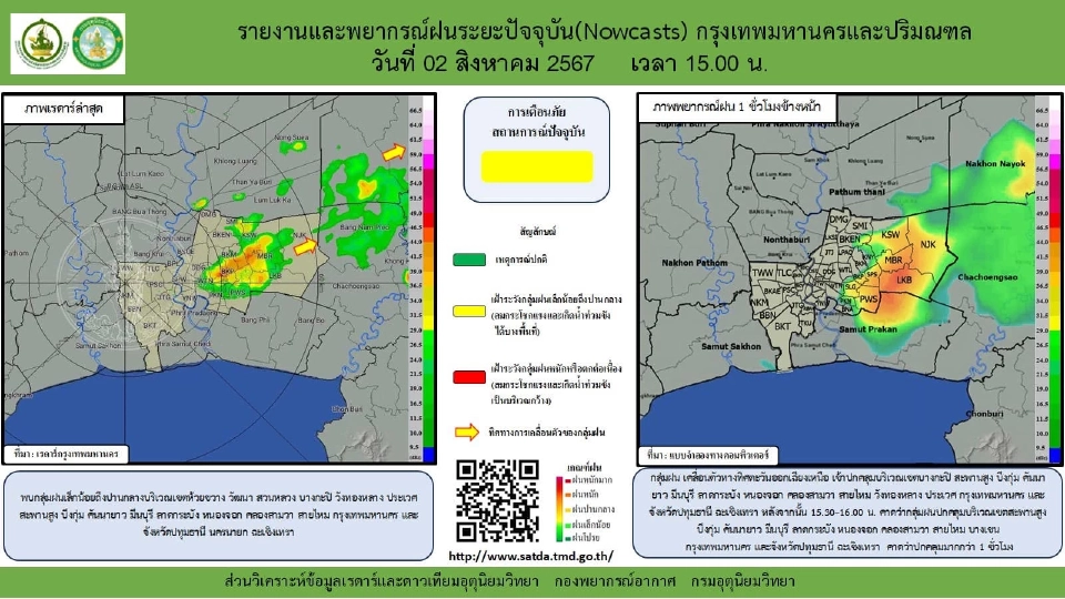 กรมอุตุนิยมวิทยา พยากรณ์ฝนระยะปัจจุบันกรุงเทพมหานครและปริมณฑล วันที่  2 ส.ค. 2567 