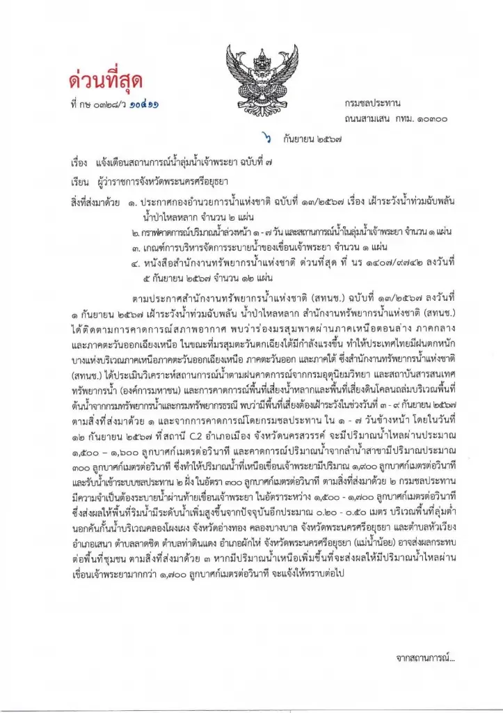 ด่วน กรมชลฯ แจ้งเตือน 11 จังหวัด เพิ่มระบายท้ายเขื่อนเจ้าพระยามากขึ้น