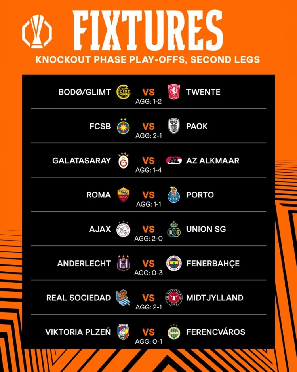 ตารางถ่ายทอดสดฟุตบอลยูฟ่ายูโรปา ลีก รอบเพลย์ออฟ น็อกเอาท์ นัดที่ 2 